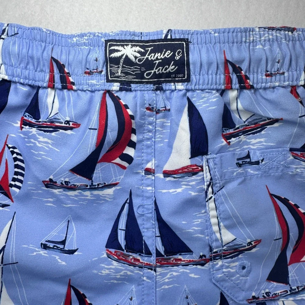 Janie and Jack Boys Sailboat Print Swim Trunks Blue Nautical Shorts Size 4 NWOT